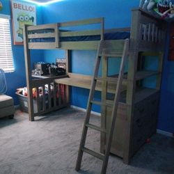 Wooden Twin Trundle Loft Bunk Bed With Desk And Drawers 