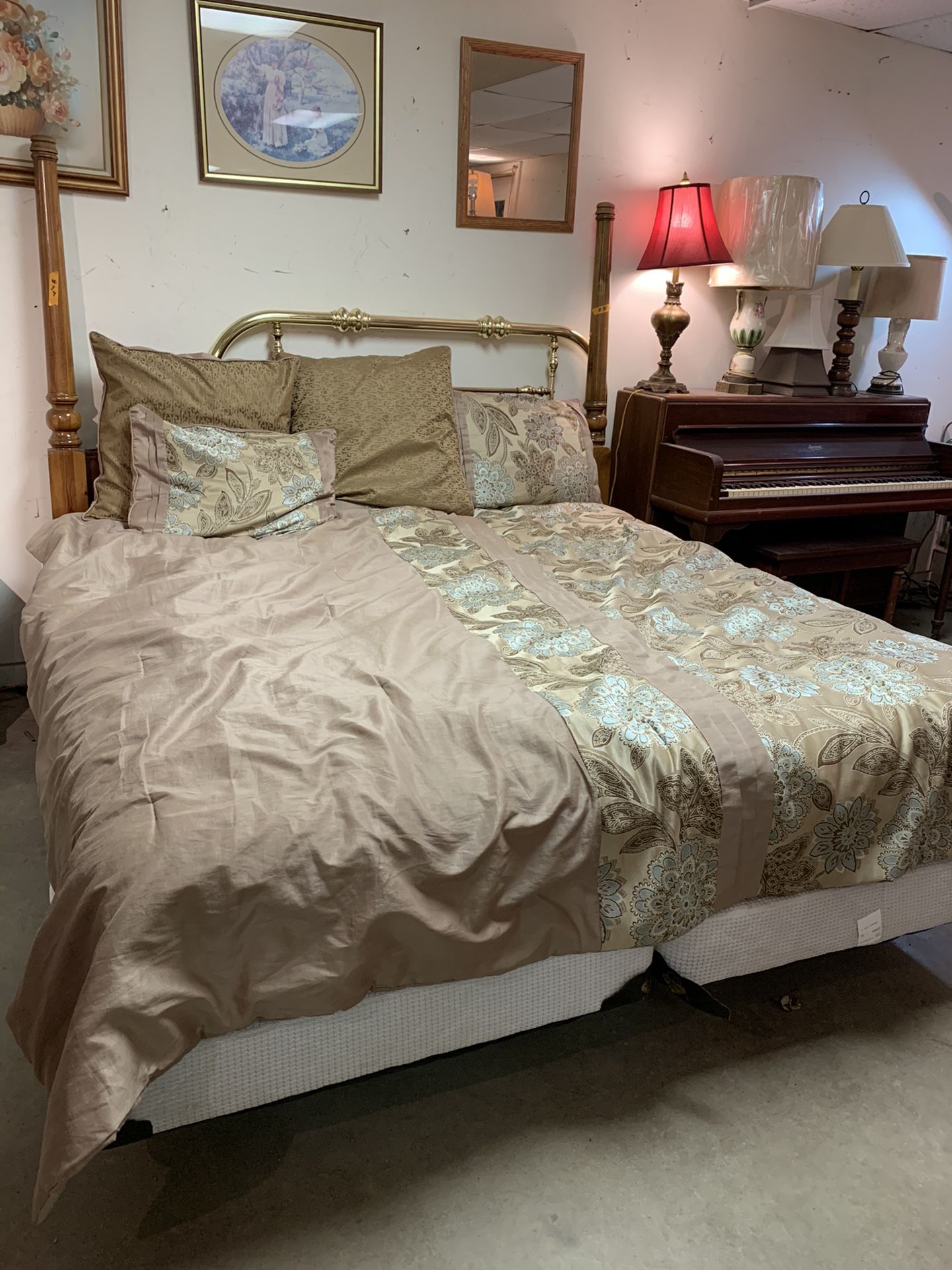 King size bed with frame, headboard and bedding!