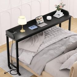 Table Overbed with Wheels, 70.8" Queen Size Bed Table Over the Bed Table with Charging Station, Rolling Laptop Table Over Bed Desk with 2 AC Outlets a