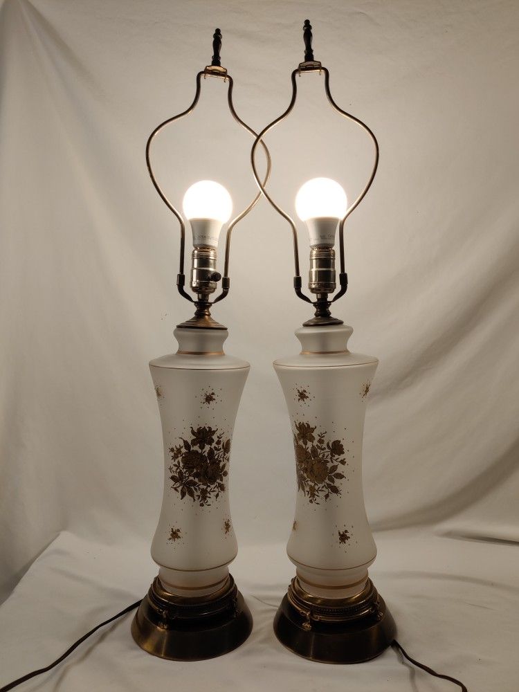 Vintage Hollywood Regency Wilmar Frosted Gold glass Table Lamps enamel overlay