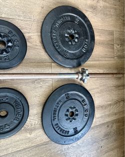 Gently USED Cast Iron Standard Weight Plates  & 6 ft Standard  Bar [Total: 100 lbs].