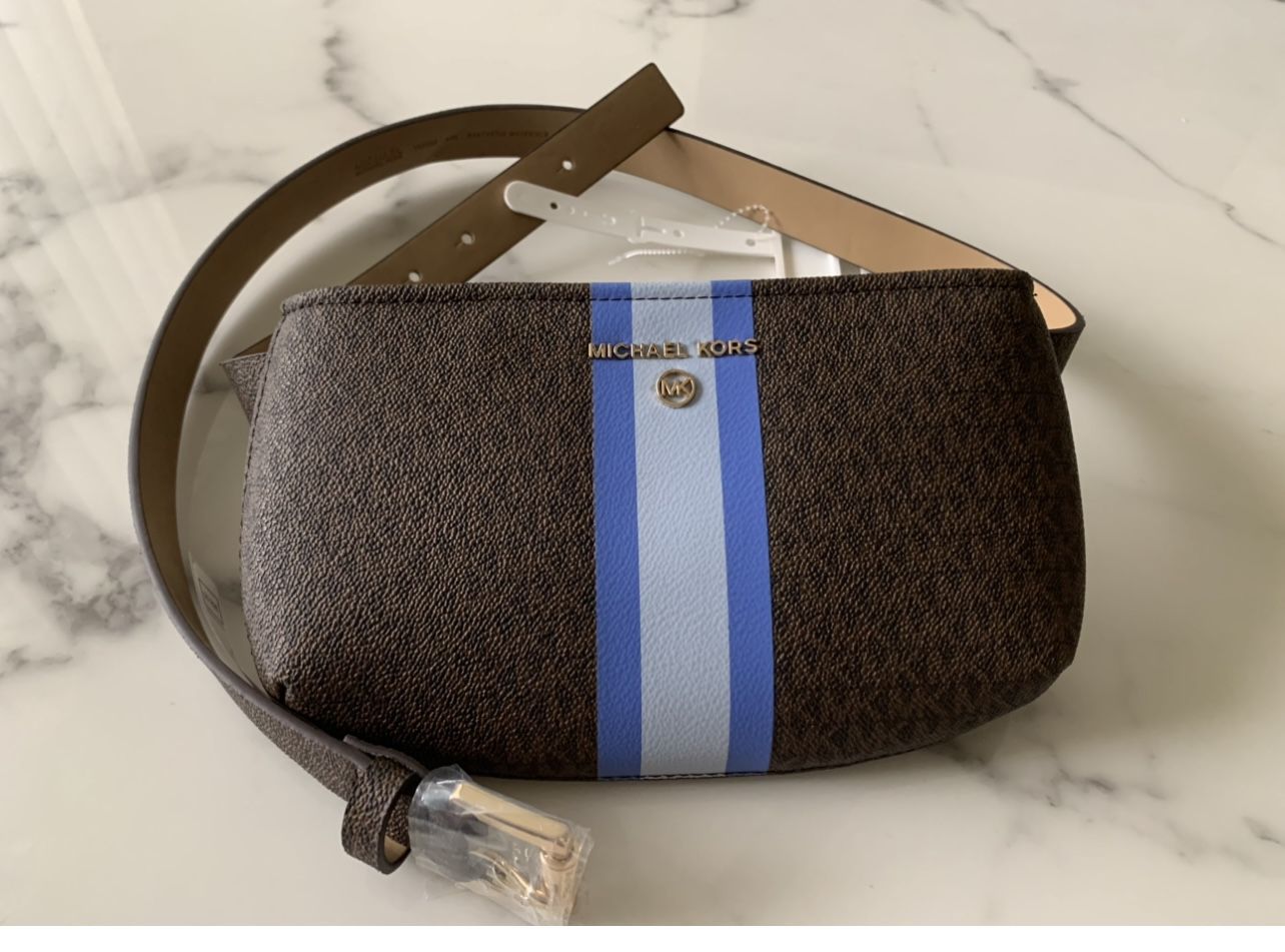 BRAND NEW MICHAEL KORS BROWN LEATHER BELT BAG LOGO BLUE SIZE L/XL NWT