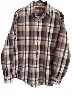 Perry Ellis Men's Button-Up Shirt Size Large Brown Tan Plaid Fall Winter Preppy