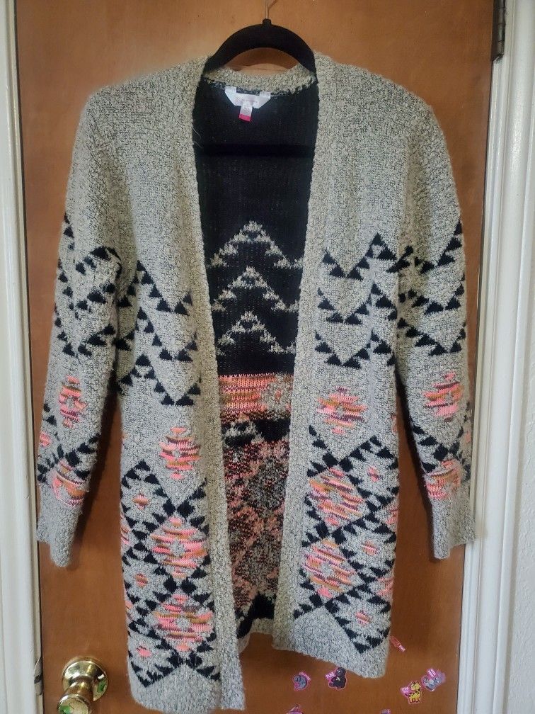 Geo Pattern Drop Shoulder Open Front Cardigan