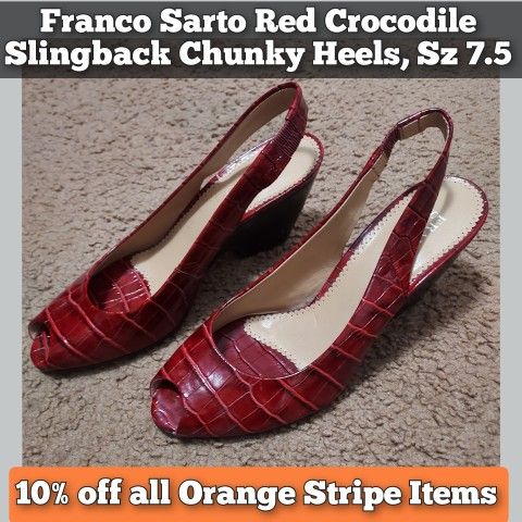 Red Slingback Crocodile Chunky Heels, Sz 7.5 Shoes, Franco Sarto