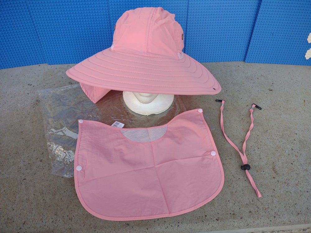 Women's Pink UPF+ Detachable Face Mask Neck Flap Visor Wide Brim Sun Protection