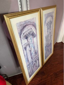 Pair of Gold Framed Wall Art Prints – Classical Columns Decor