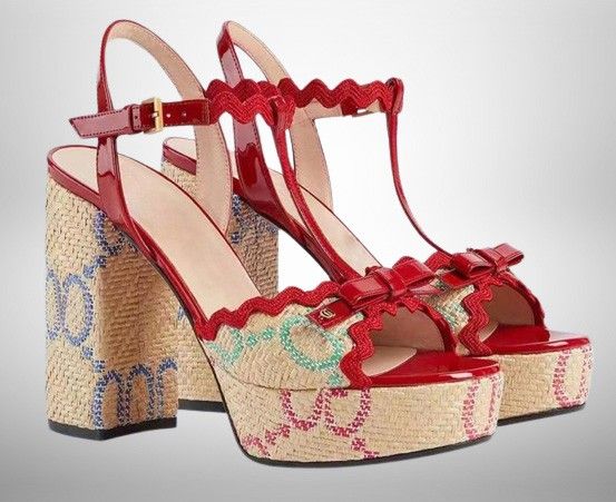GUCCI Red Kertu Raffia-Jacquard Block-Heel Sandals - Size 38