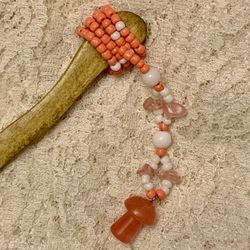 Wooden Handcrafted Beaded Chopstick Hair Pin With Watermelon Agate Mushroom Charm, 7”