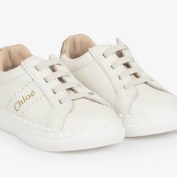 Chloé Girls White & Gold Leather Trainers Size: EU 22
