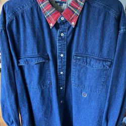 Vintage Tommy Hilfiger Blue Jean Shirt With Red Plaid Collar