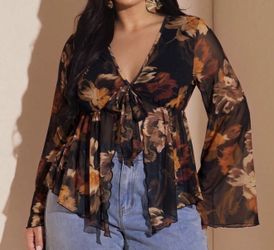Plus Size Mesh Floral Print Blouse