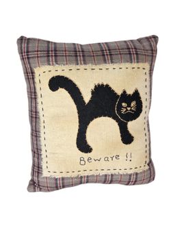 Primitive Halloween Black Cat Beware Plaid Decorative Pillow Folk Art Decor