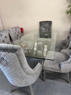 Glass Top Dining Table with 6 Velvet Chairs