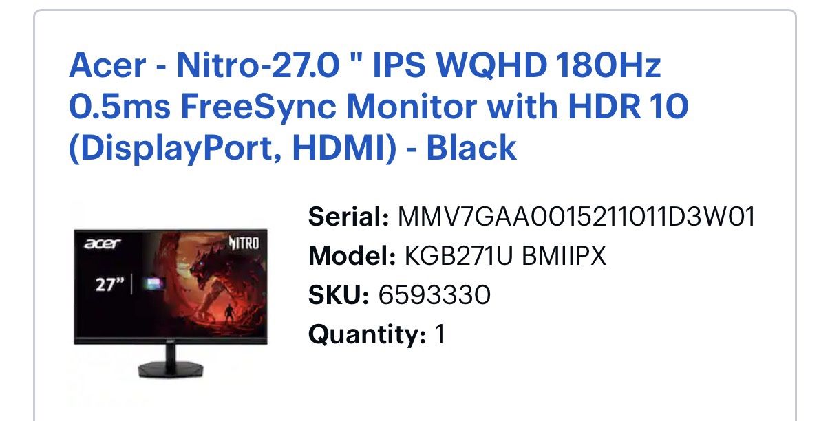 Acer - Nitro-27.0 " IPS WQHD 180Hz 0.5ms FreeSync Monitor with HDR 10 (DisplayPort, HDMI) - Black 