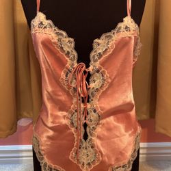 Vintage 80s Delicates Pink Satin With White Lace Onsie Size Large!