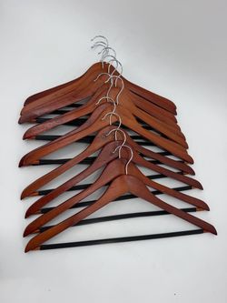 12 Wooden Suit Hangers Brown Wood Non-Slip Pants Bar Metal Hooks 17”