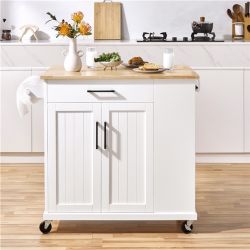 Kitchen Cart wood top with storage, White