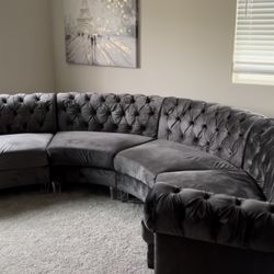 Gray Velvet Tufted Curved Sectional Sofa Set