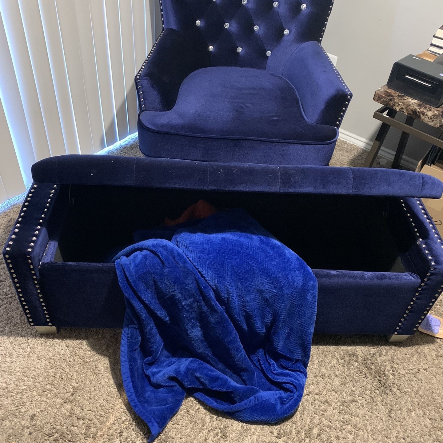 Blue Velvet And Crystal Accent Chair And Storage Ottoman 