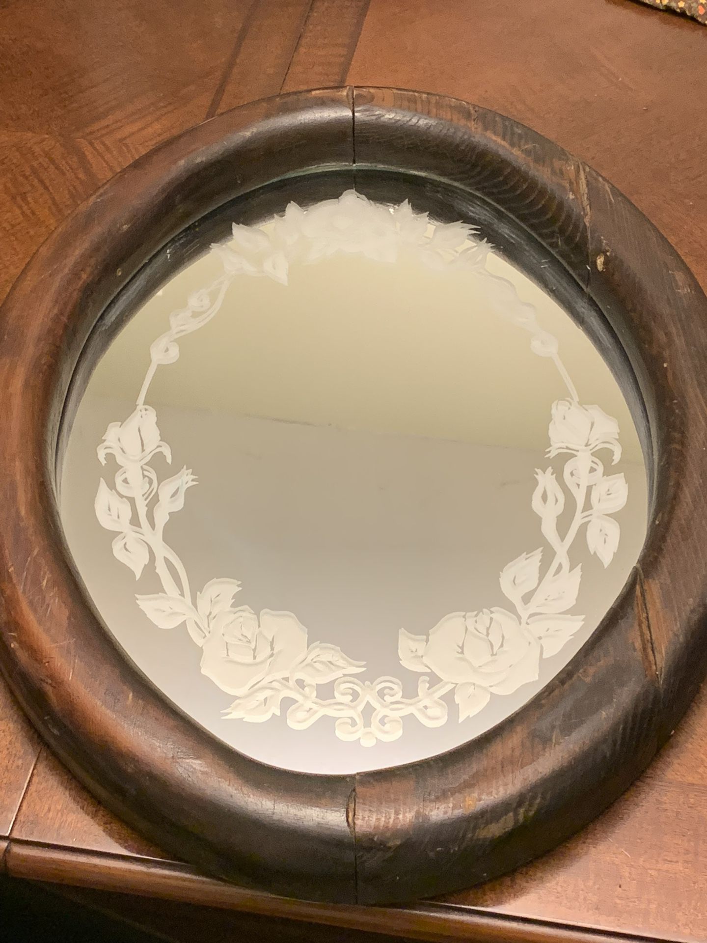 Vintage Mirror With Woden Frame And Etched Roses 