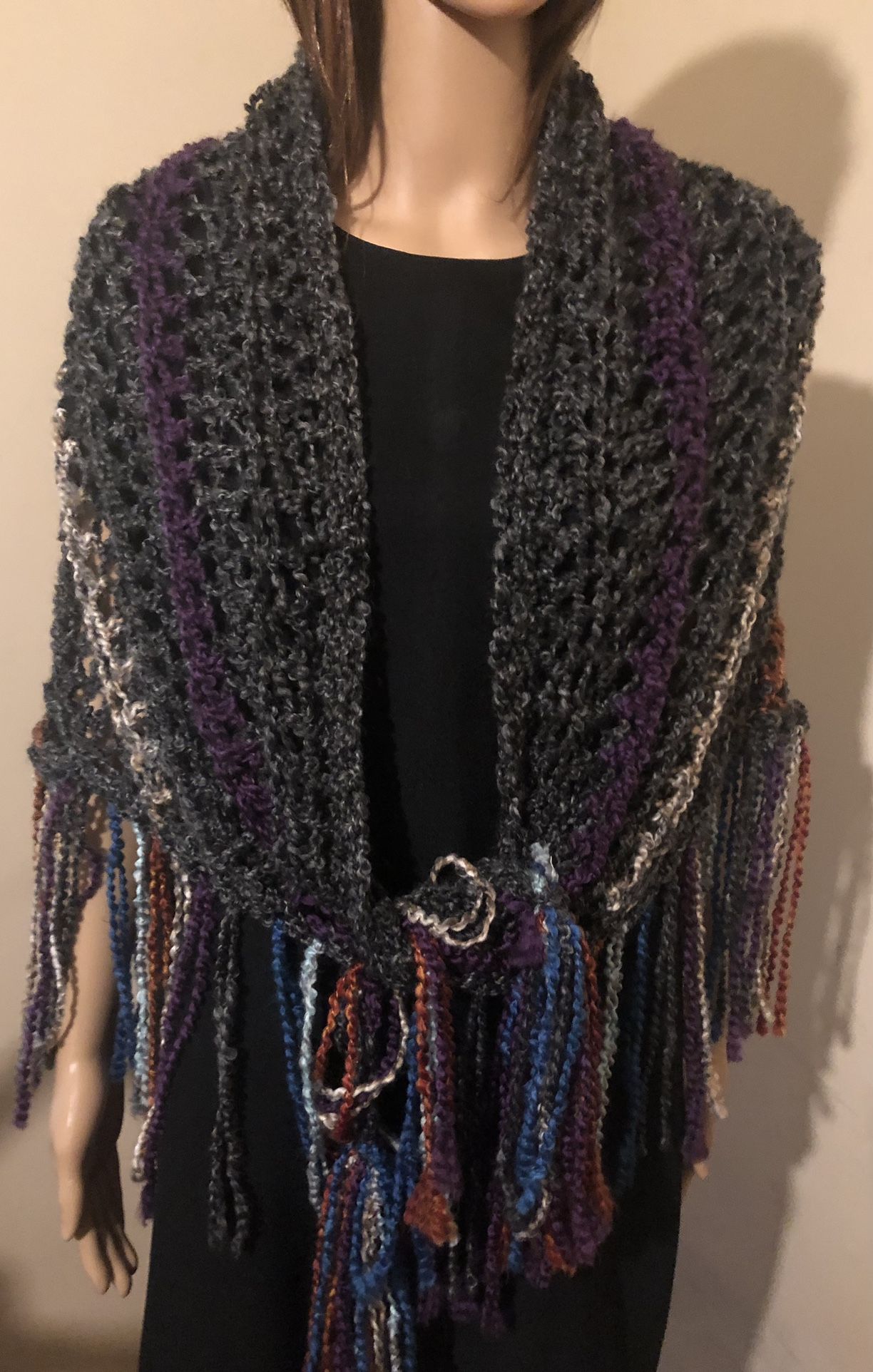 Plus Size Wrap Shawl Smoke Gray with Strips a One of a Kind Size L-XXXL