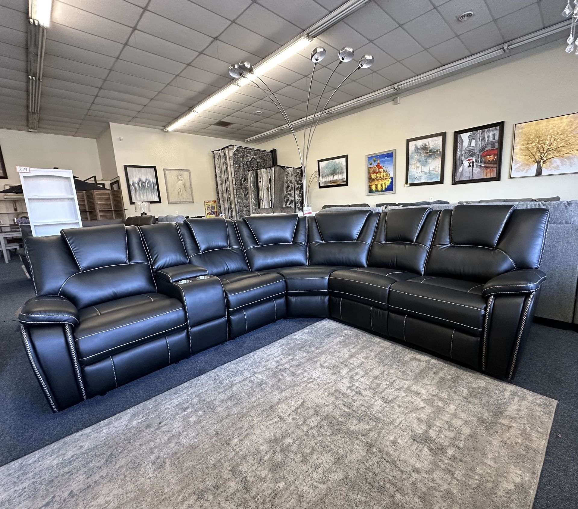 Black Faux Leather Sectional Manual Recliner
