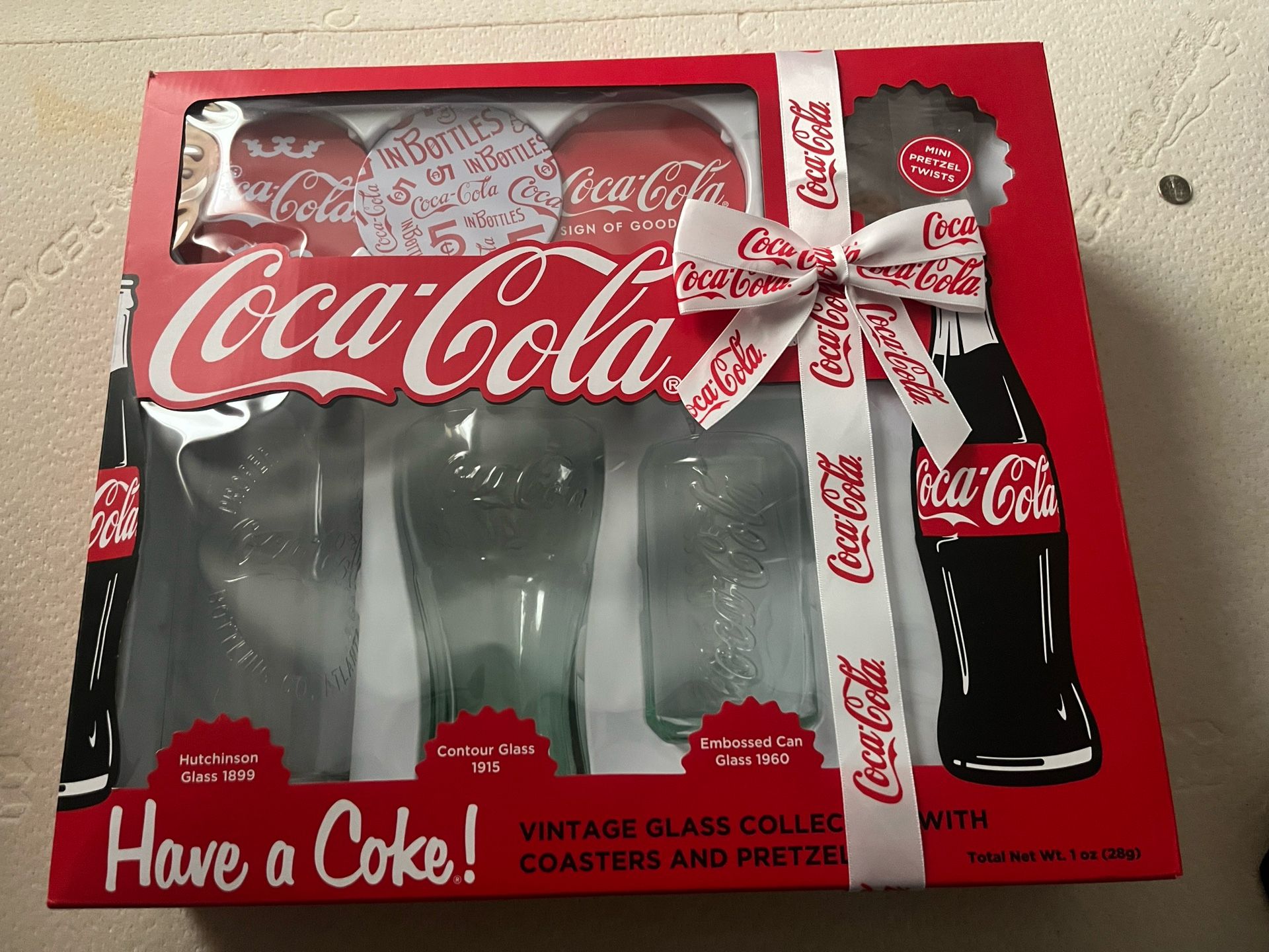 Coca Cola Glass Collectors Set with Vintage Glasses, Coasters, and Pretzels