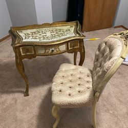 Vintage Italian Florentine (also called Florentia) giltwood desk/vanity with a matching Florentine-style tufted side chair.  