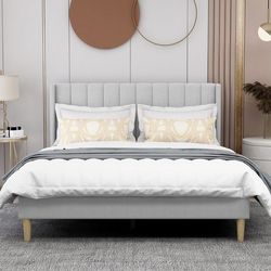 Gray velvet queen bed frame