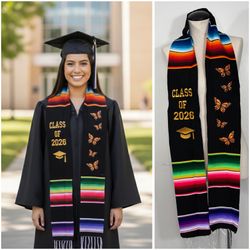 Graduation Commencement Mexican Zarape Stole Class of 2026 With Butterflies