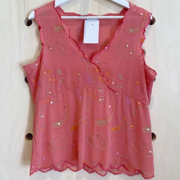 Y2K Pink Mesh Wrap Style V-Neck Tank Top with Paisley Embroidery and Sequins