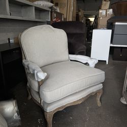 Beige Textured Upholstery Solid Wood Weathered Gray Finish Accent Chair