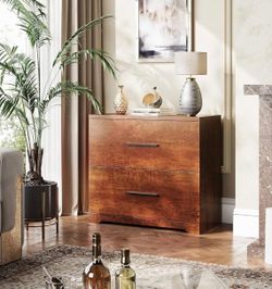 2 Drawer Wood Lateral File Cabinet Walnut Finish Home Office Storage Anti-Tilt Design