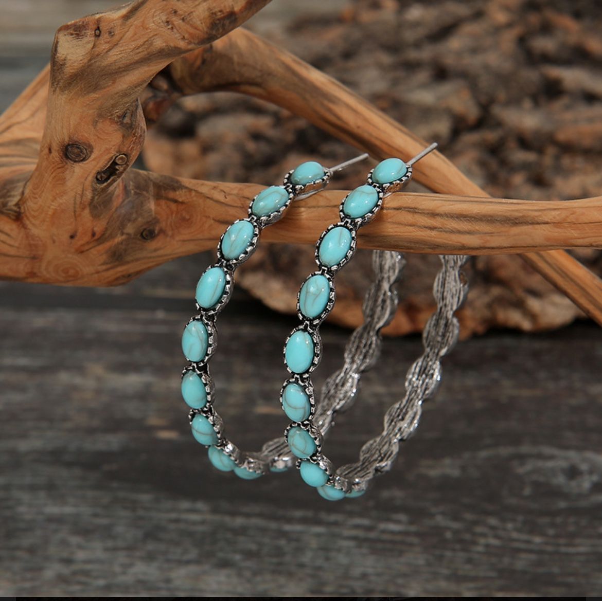 Retro C Shape Inlay Metal Turquoise Earrings