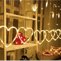Valentines Day Decor Lights,138 LED 12-Heart-Shaped String Lights Waterproof,8 Modes Connetable 29V Plug in Curtain Lights for Kids Bedroom Wedding Pa