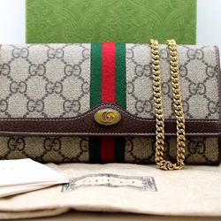 Authentic GUCCI Ophidia GG Supreme Leather Chain Wallet Beige Brown 546592