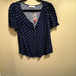 Brand New Navy Blue Polka Dot Button Down Blouse