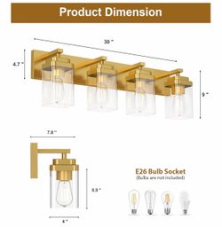 Brushed Gold Bathroom Light Fixtures, 4 Lights Bathroom Lighting Fixtures Over Mirror, Square Design & Rectangle Large Backplate, Modern Vanity Lighti