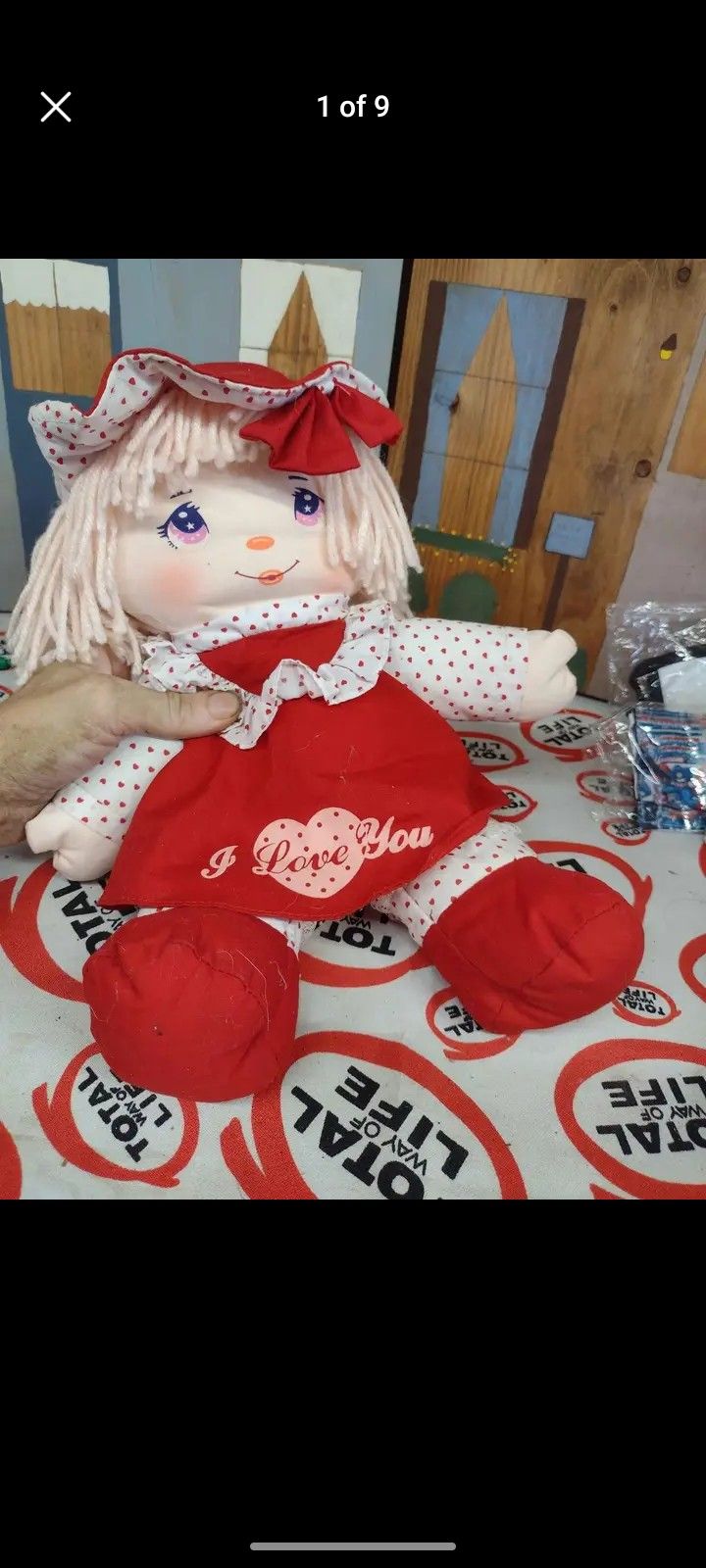Vintage 1992 Dolly Mine 15" Plush Doll Red And White I Love You Valentine Day 