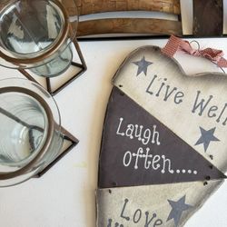 Live Well, Laugh Often Hanging Sign and 2 Glass Metal Candle Holders