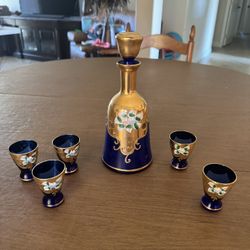 Antique Set of 6 Glass Real Gold Flower Petal Leaf Decanter Mini Glasses Blue