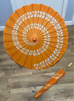 Orange Paper Parasol with White Floral Design