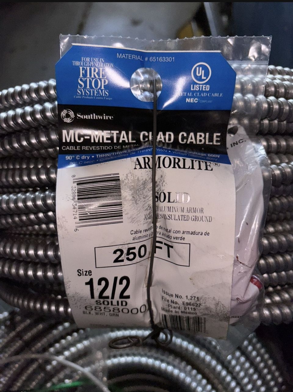 250’ Solid 12/2 Metal Clad MC Copper Conductor W/ Ground 600v Aluminum Armored Cable