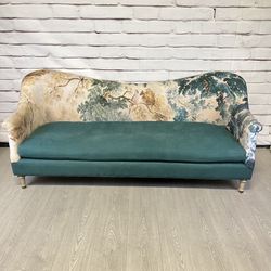 Anthropologie Judarn Teal Linen Sofa Couch Bird Theme