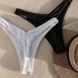 Women's Ruched Back Bikini Bottoms High Cut Bathing Suit Bottoms Cheeky Thong Swimsuit Bottom