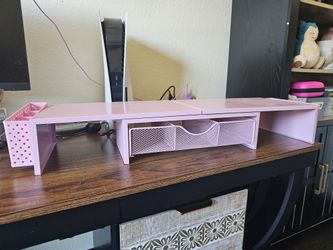 Pink Dual Monitor Stand Desk Organizer