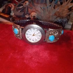 Vintage La Scala Sterling Silver Turquoise Watch Signed By Navajo.