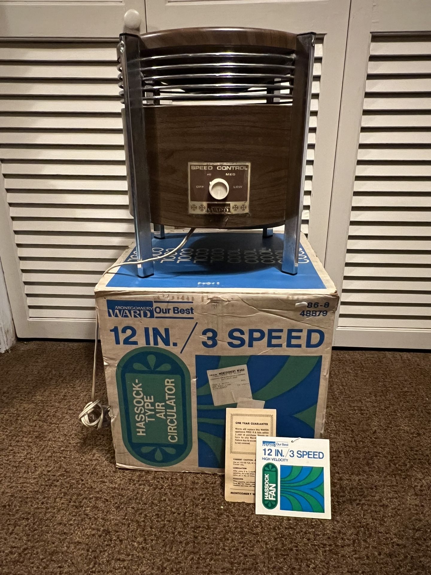 Vintage Montgomery Ward Hassock Fan 3 Speed With Original Box-WORKS!