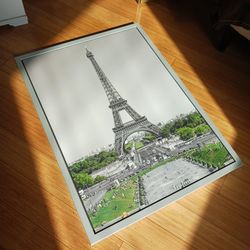 Framed Eiffel Tower Paris Art Print – Modern Black & White Wall Décor with Green Accents
